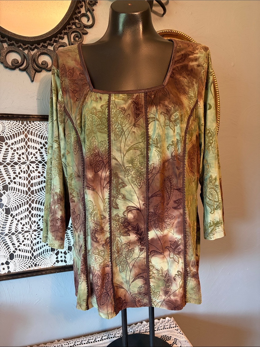 Dress Barn Green and Brown Floral Square-Neck Tunic